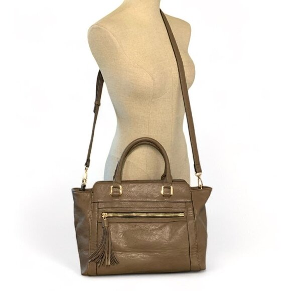 MODA LUXE Faux Leather Satchel with Tassel Brown/Gold Polka Dot Lining - Picture 3 of 12